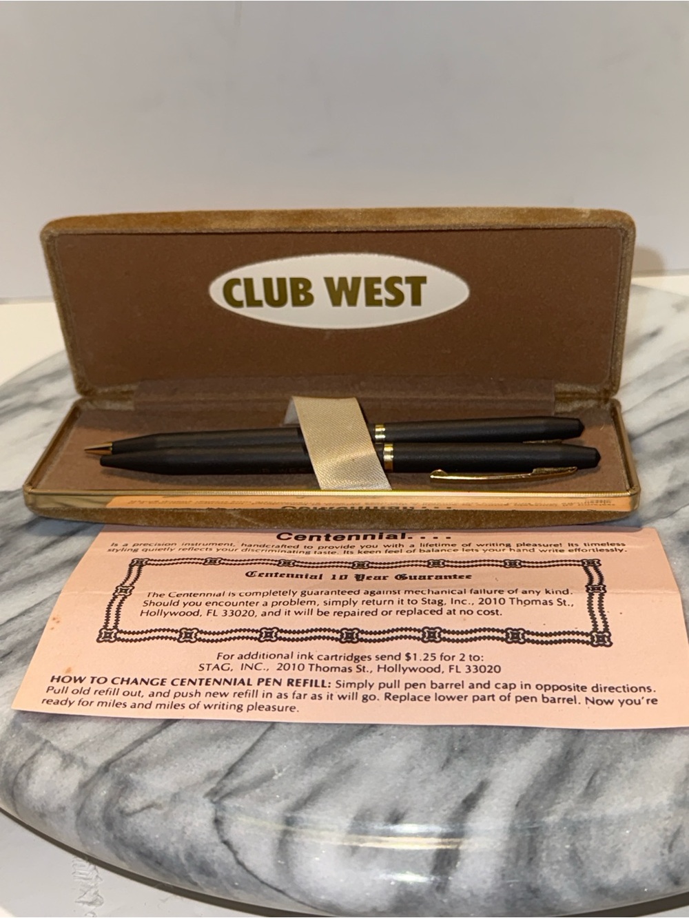 Vintage Centennial Club West Pen & Pencil Set  w/ Velvet Box Case And Paperwork